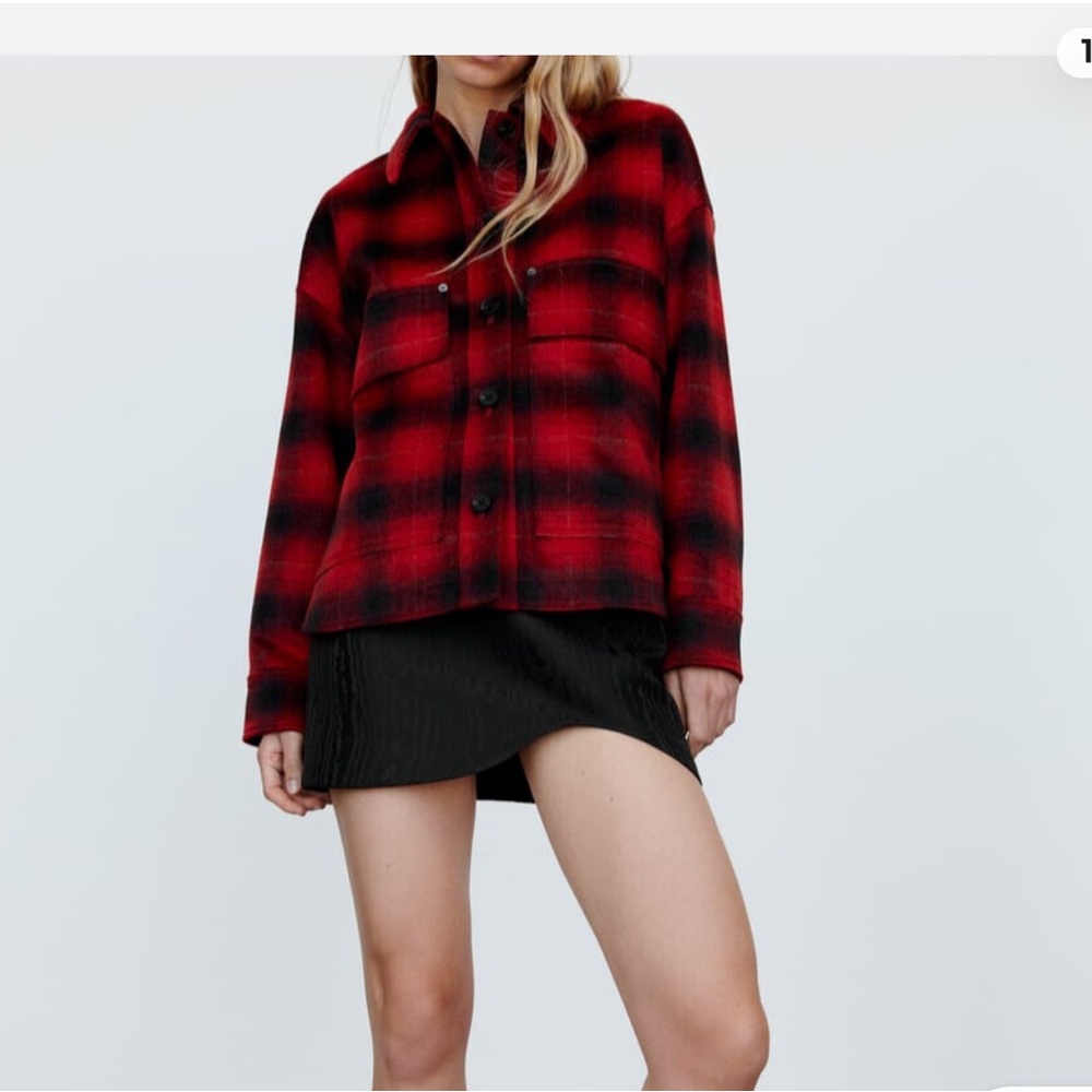 Zara Red and Black Plaid Shirt Jacket Shacket